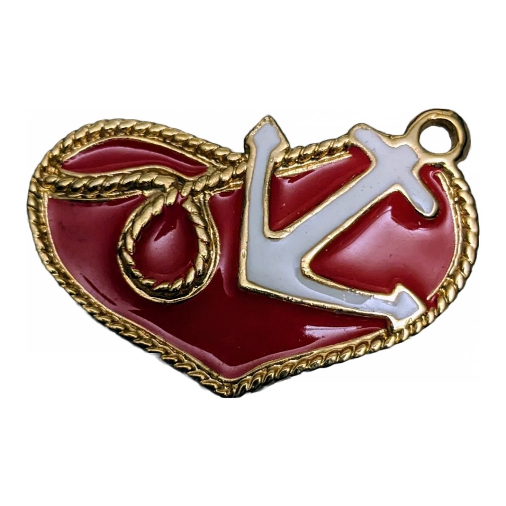Vintage Nautical Themed Gold Tone Red & White Enamel Anchor & Heart Brooch / Pin
